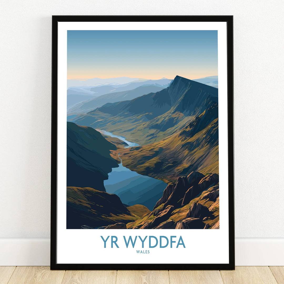 Illustrated Yr Wyddfa Wales mountain landscape art print in black frame on wooden floor