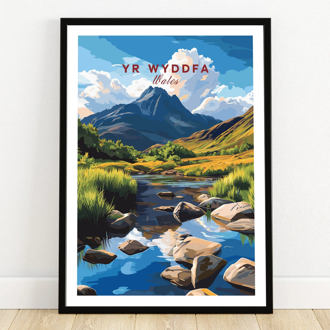 Yr Wyddfa Wales art print in black frame, mountain landscape with river and rocks, wall decor