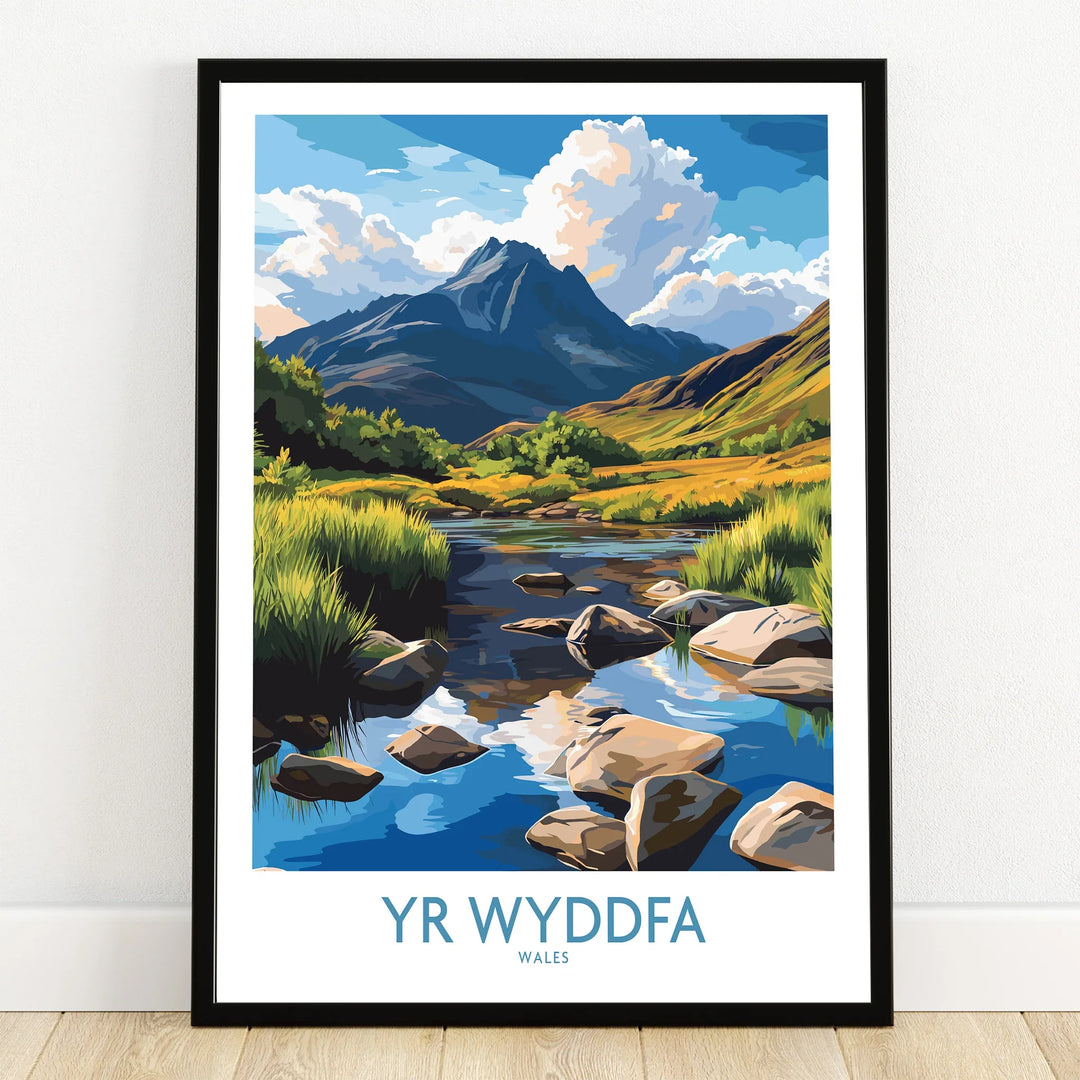 Yr Wyddfa Wales art print in black frame with mountain and river landscape on wooden floor