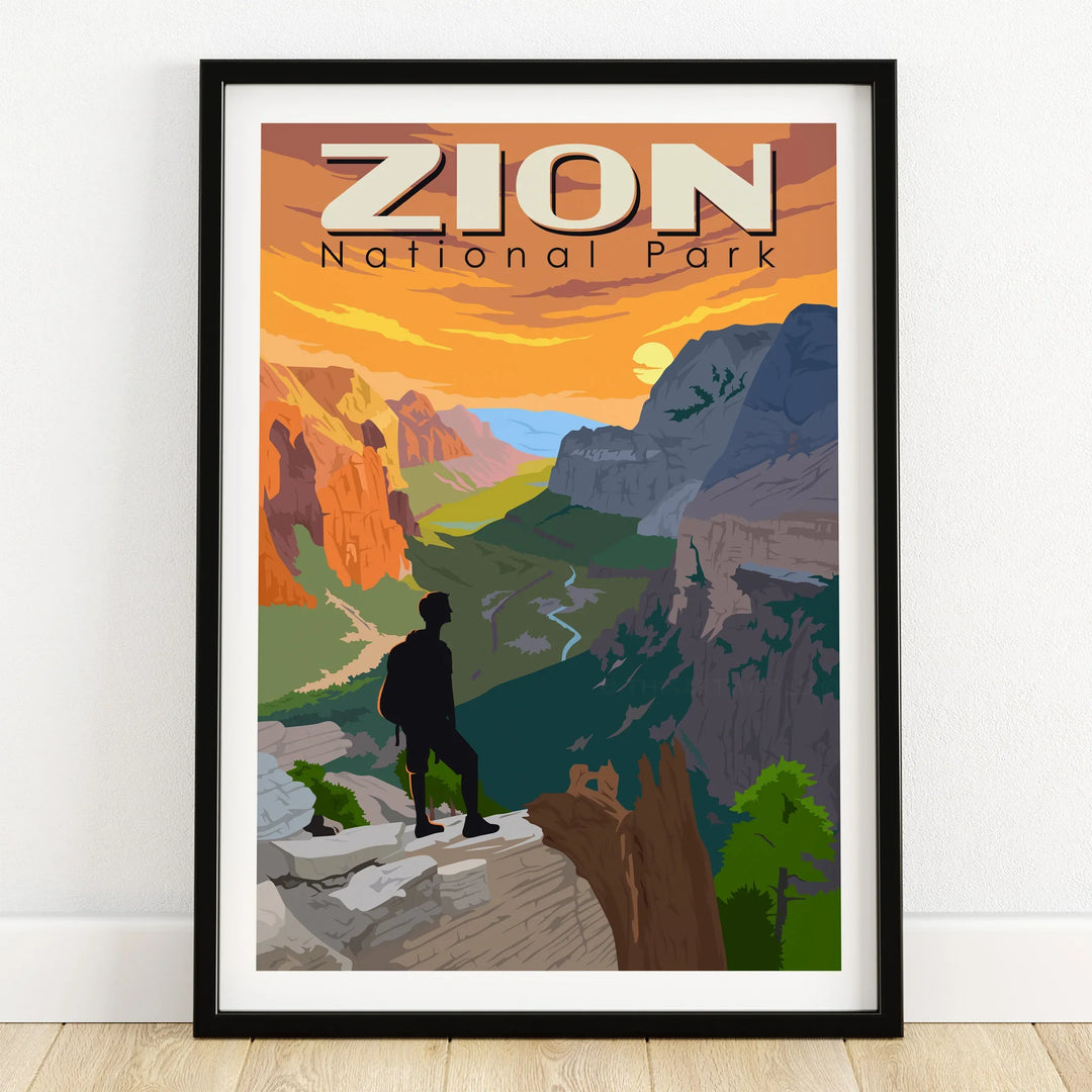 Zion National Park art print in black frame with hiker and vibrant canyon landscape