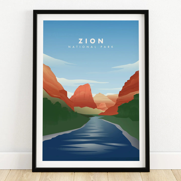 Zion National Park art print in black frame, featuring red rock cliffs and river scenery.