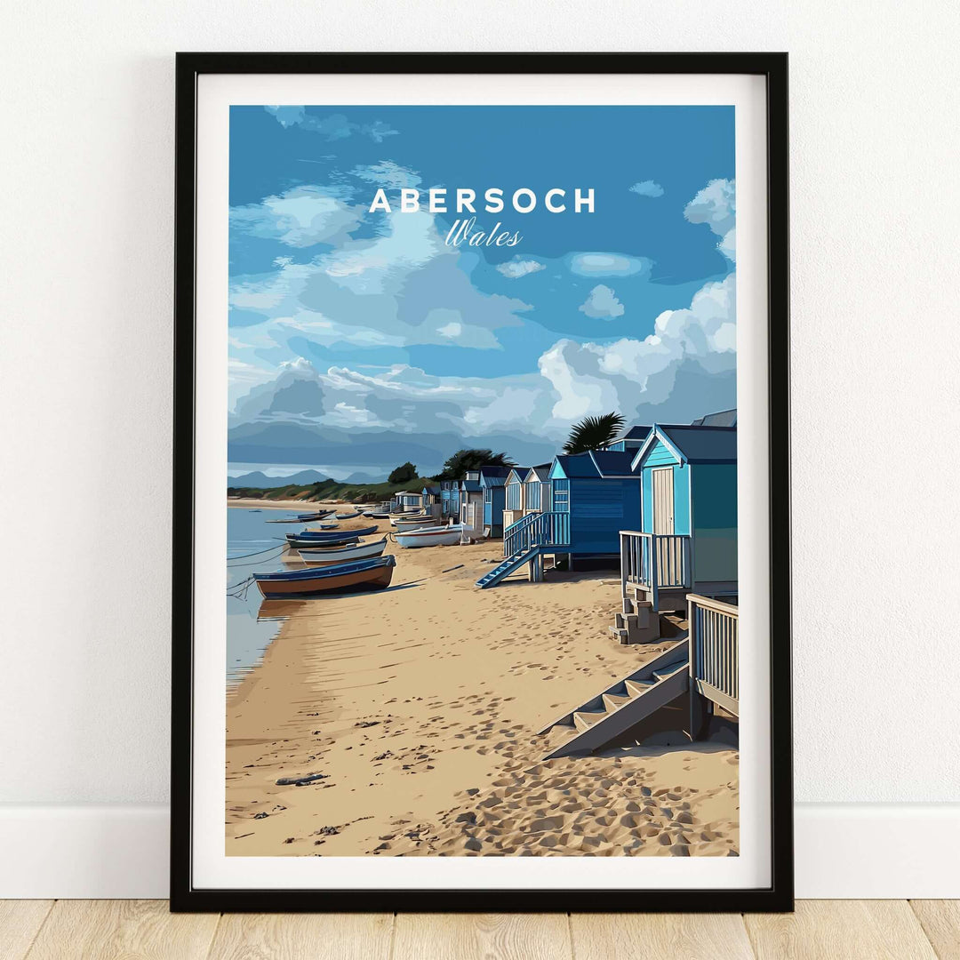 Abersoch Welsh Seaside Village Scene Print | Llyn Peninsula Home Art showcasing colorful beach huts and boats on the sandy shore.