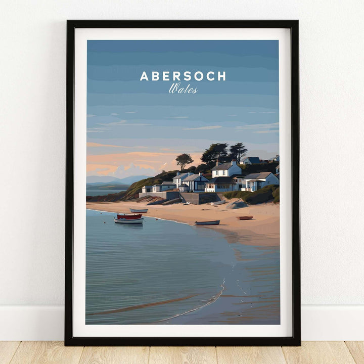 Abersoch Llyn Peninsula Shoreline View Canvas Print | Welsh Seaside Travel Poster in a stylish frame