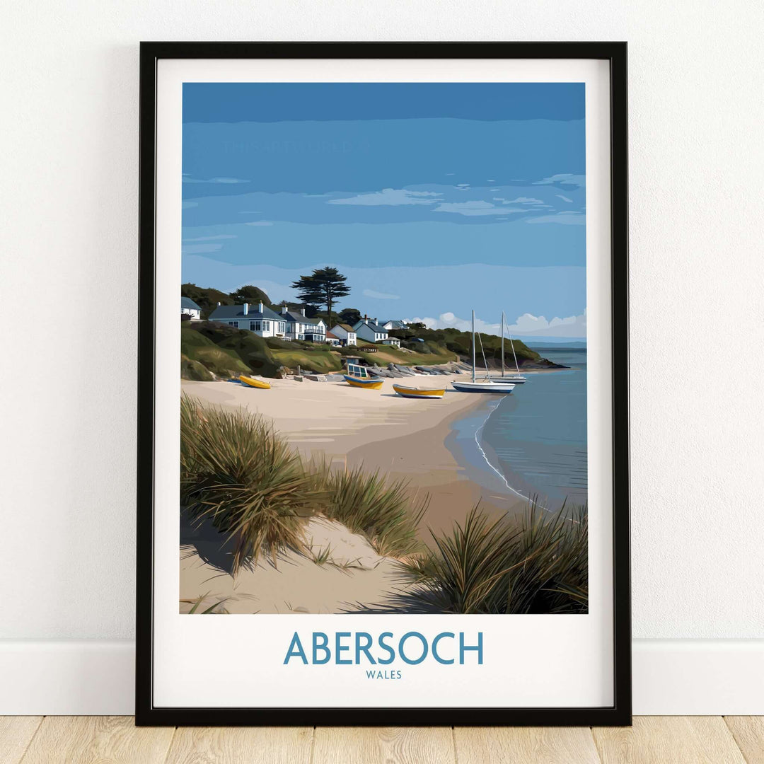Abersoch Wales Sand Dunes Beach Art Print | Sailboats Coastal Wall Decor featuring a serene beach scene.
