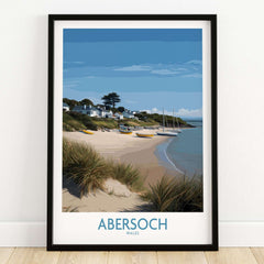 Abersoch Wales Sand Dunes Beach Art Print | Sailboats Coastal Wall Decor featuring a serene beach scene.