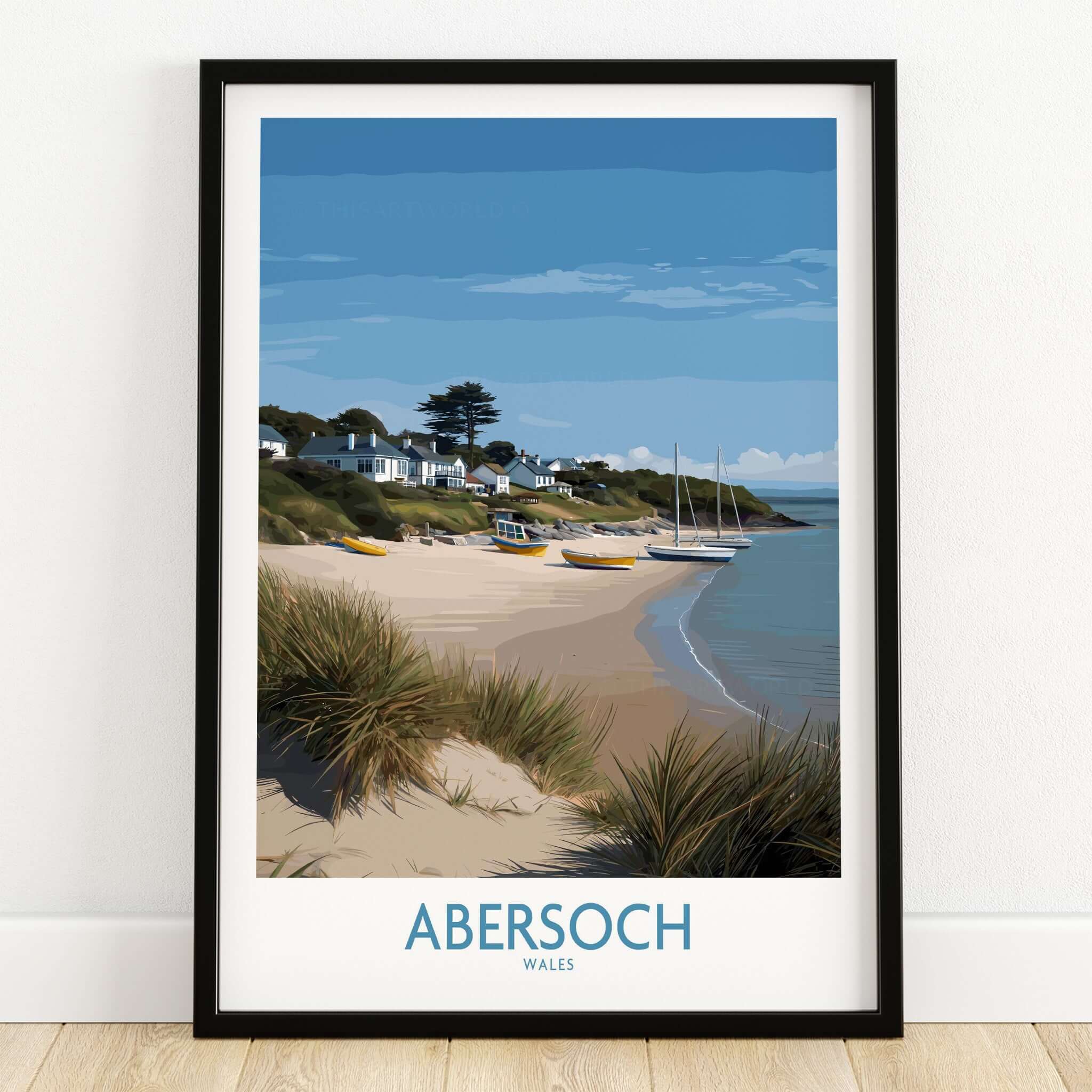 Abersoch Wales Sand Dunes Beach Art Print | Sailboats Coastal Wall Decor featuring a serene beach scene.