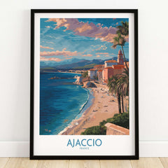 Ajaccio France Coastal Beach Art Print | Corsica Sunset City Poster featuring a scenic coastal view with palm trees and sunset colors.