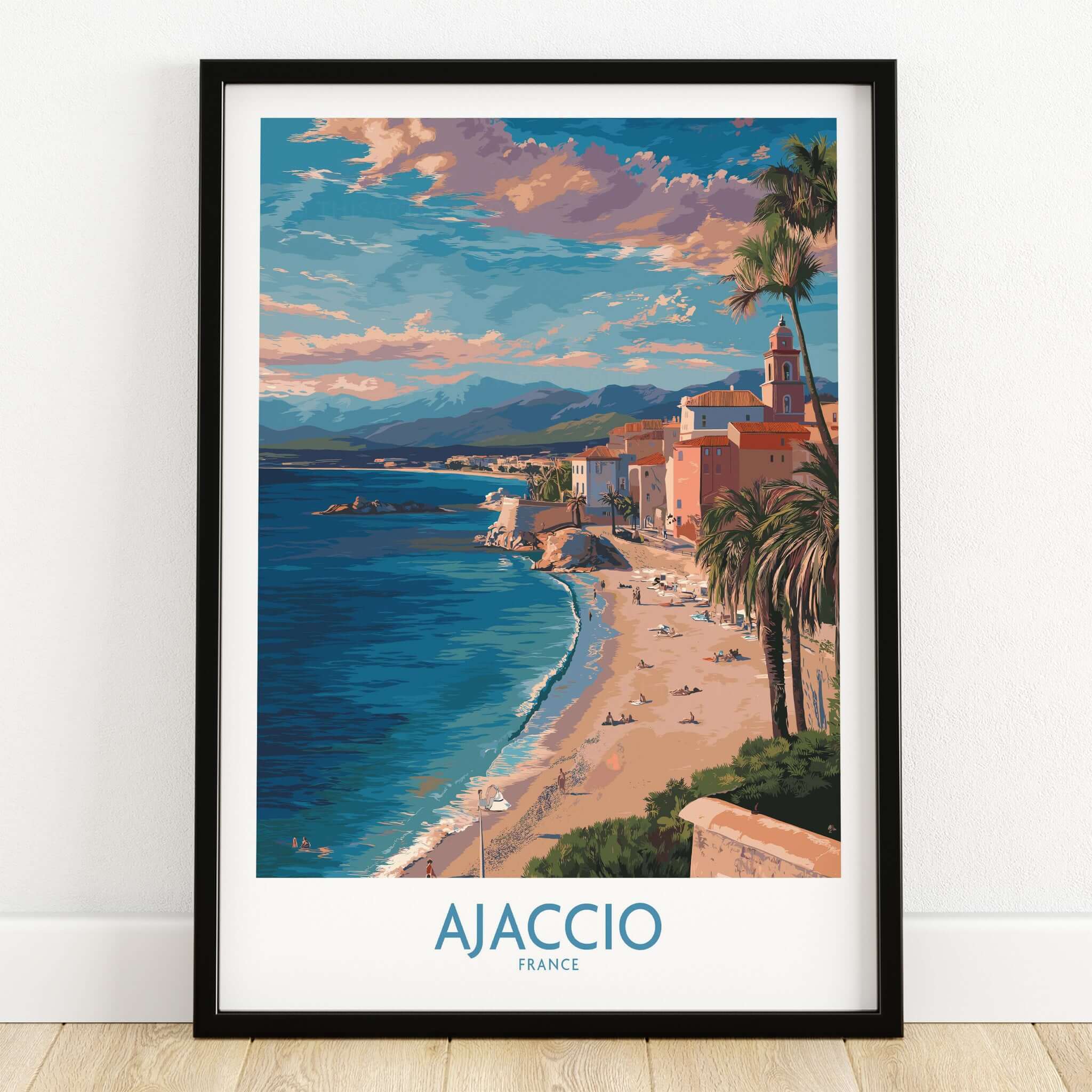 Ajaccio France Coastal Beach Art Print | Corsica Sunset City Poster featuring a scenic coastal view with palm trees and sunset colors.