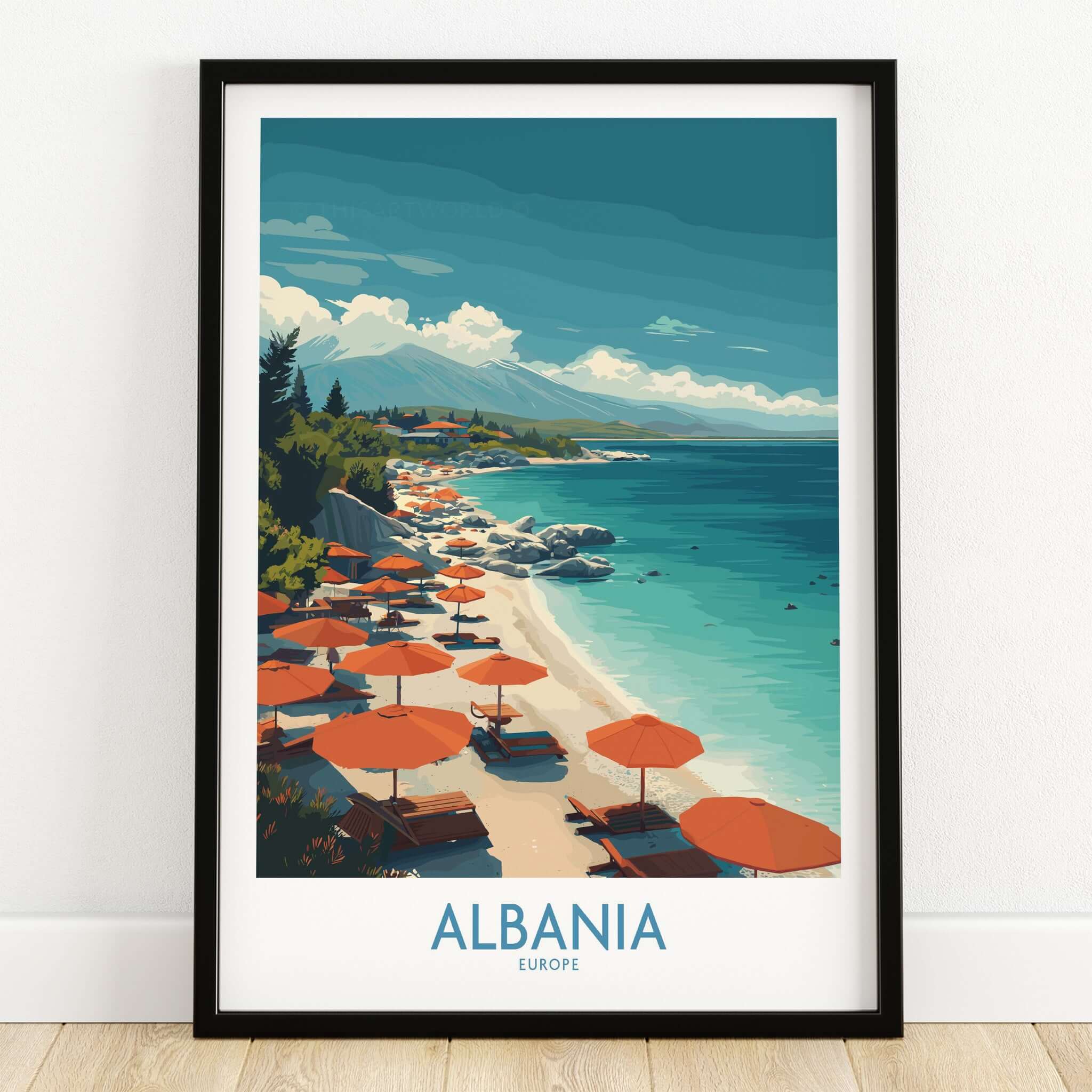 Albania Art Print | Beach Poster showcasing a picturesque coastline with red umbrellas and blue waters.