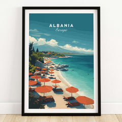 Albania Canvas Print | Balkan Travel Wall Decor featuring a scenic beach with umbrellas in a framed artwork.