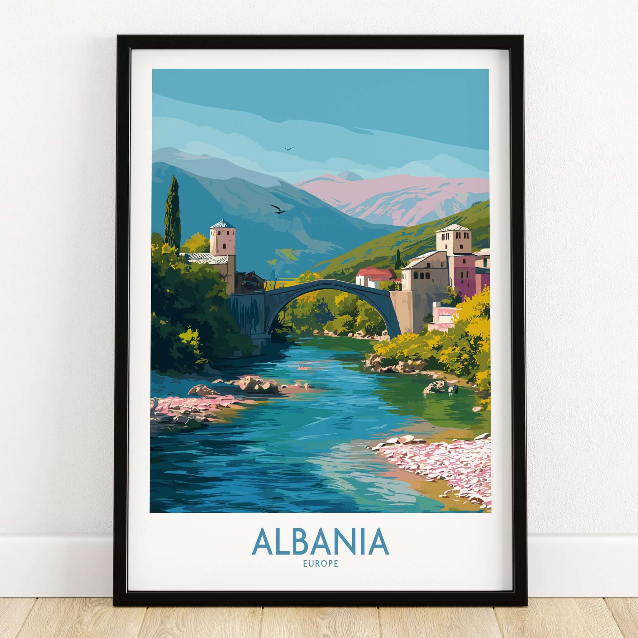 Albania Historic Stone Bridge Art Print | Mountain River Landscape Poster framed artwork showcasing Albania's natural beauty.