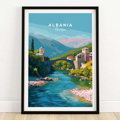 Albania Canvas Print | European Travel Wall Decor featuring a scenic river and bridge in Albania.
