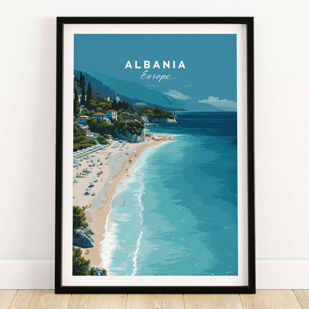 Albania Canvas Print | Balkan Travel Poster featuring a scenic beach view with turquoise waters and sandy shoreline.