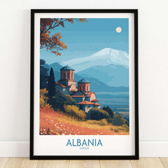 Albania Snow Mountain Church Art Print | Historic Monastery Landscape Poster depicting scenic monastery with mountains.