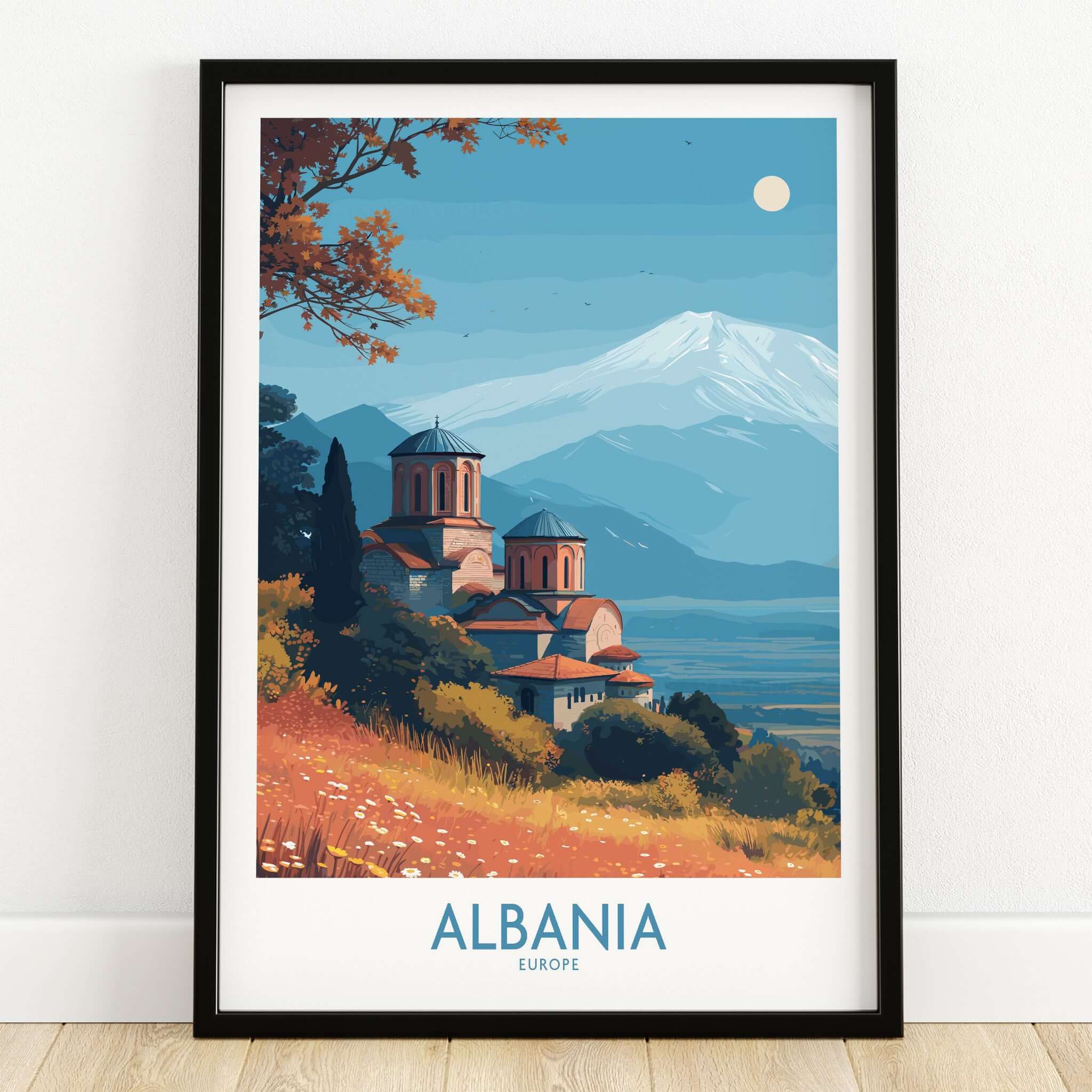 Albania Snow Mountain Church Art Print | Historic Monastery Landscape Poster depicting scenic monastery with mountains.