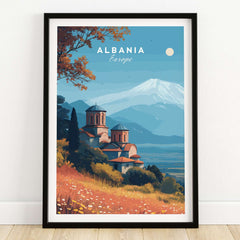 Albania Canvas Print | Framed and Unframed Travel Wall Decor of a monastery on a hill with mountains and vibrant landscape.