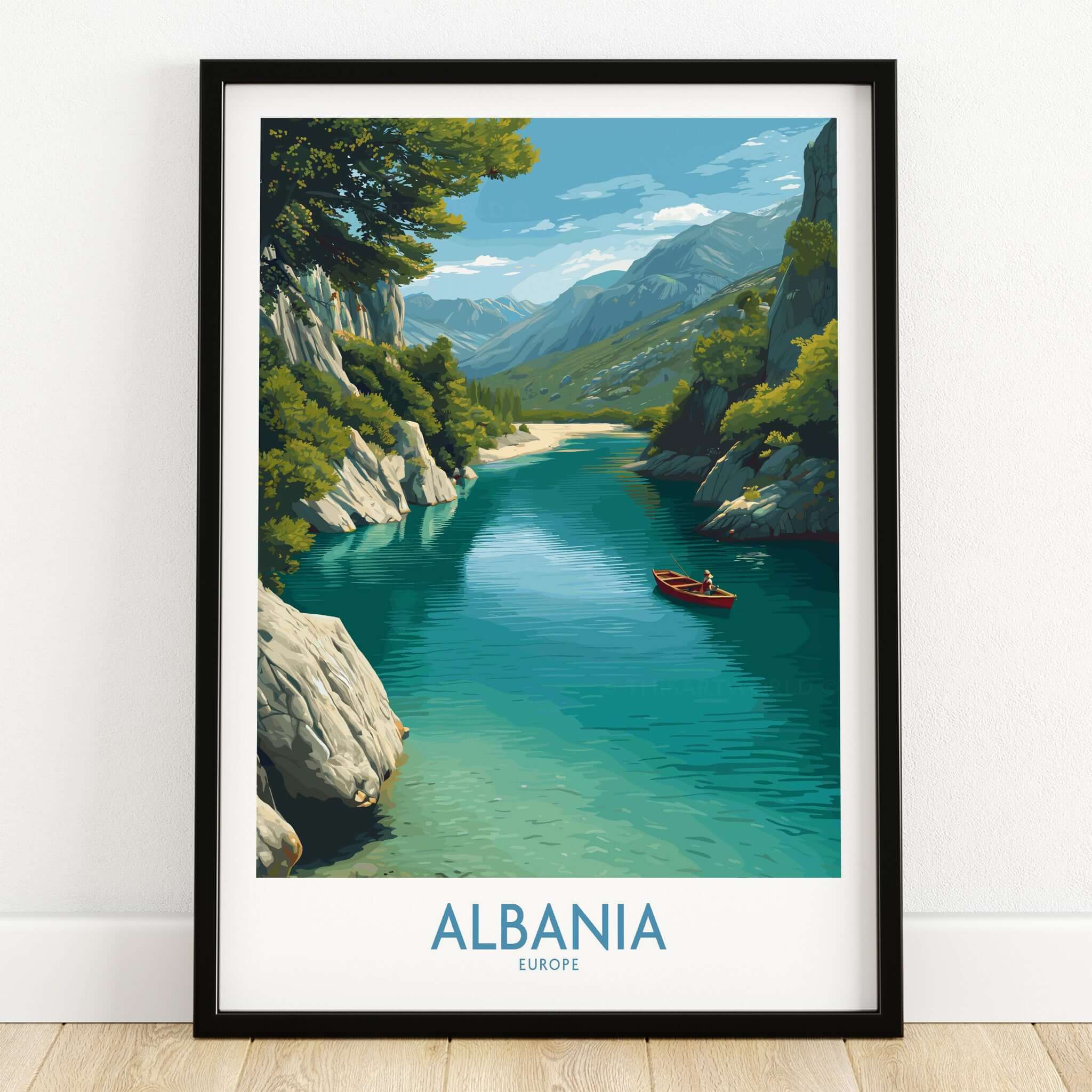 Albania Canvas Print | Framed and Unframed Travel Wall Decor featuring a serene river scene in Albania.