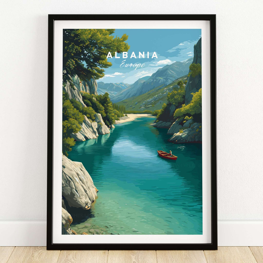 Albania Canvas Art Print featuring scenic river and mountains, capturing Albania's natural beauty and landscapes.