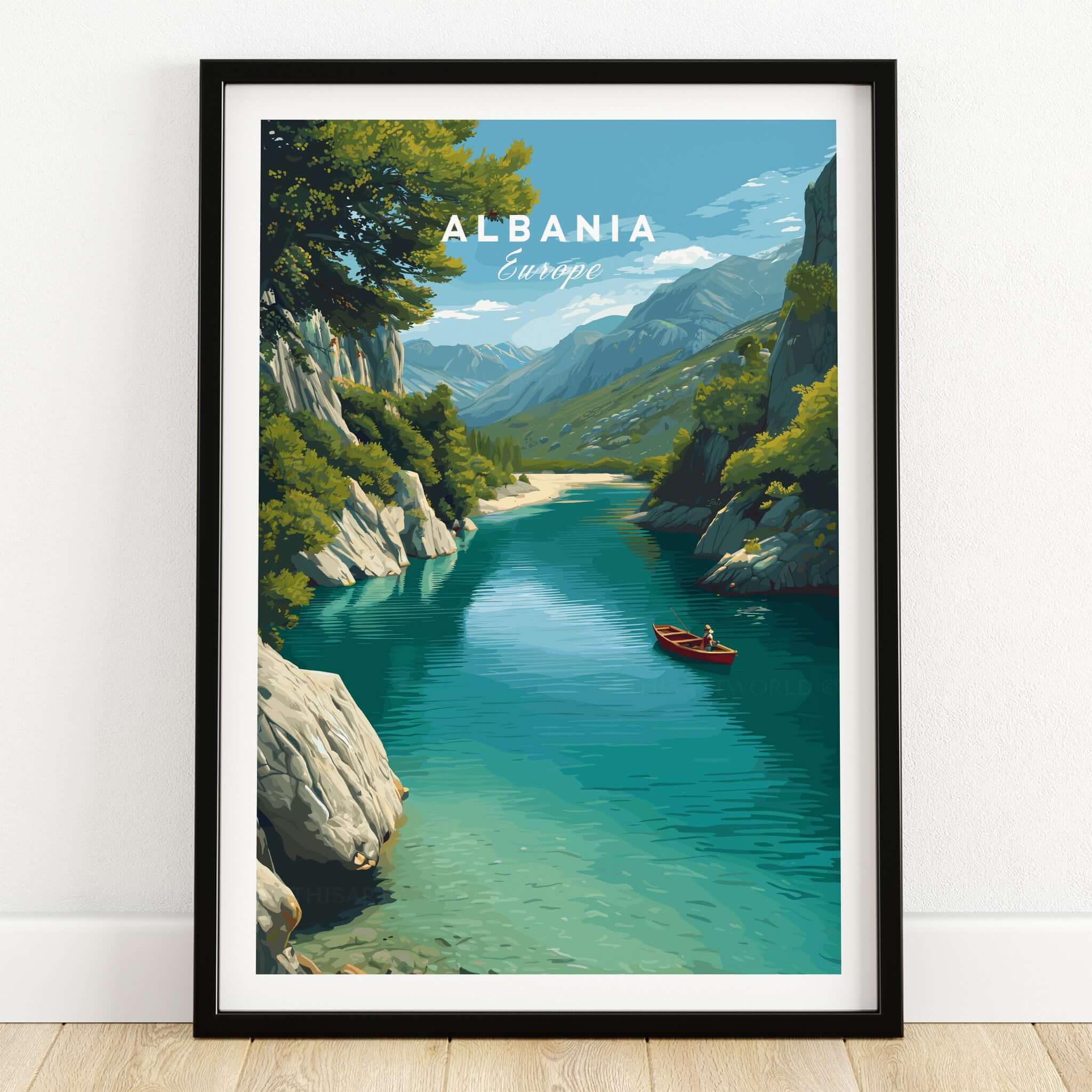 Albania Canvas Art Print featuring scenic river and mountains, capturing Albania's natural beauty and landscapes.