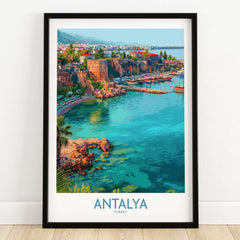Antalya Turkey Old Harbor Art Print | Mediterranean Bay Travel Poster showcasing a vibrant coastal scene with boats.