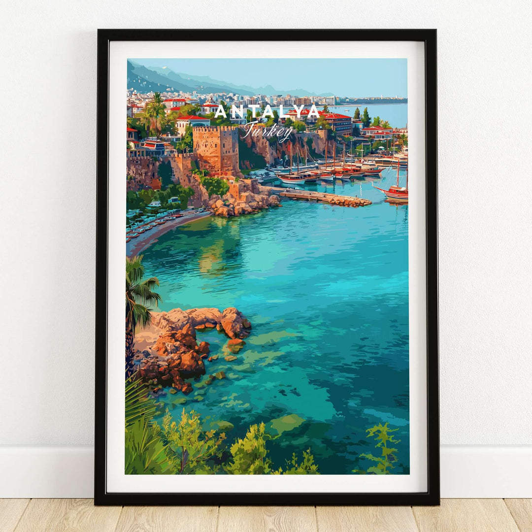 Antalya Marina and Red Tower Canvas Print | Turkish Coastal Wall Decor featuring stunning harbor and vibrant waters.