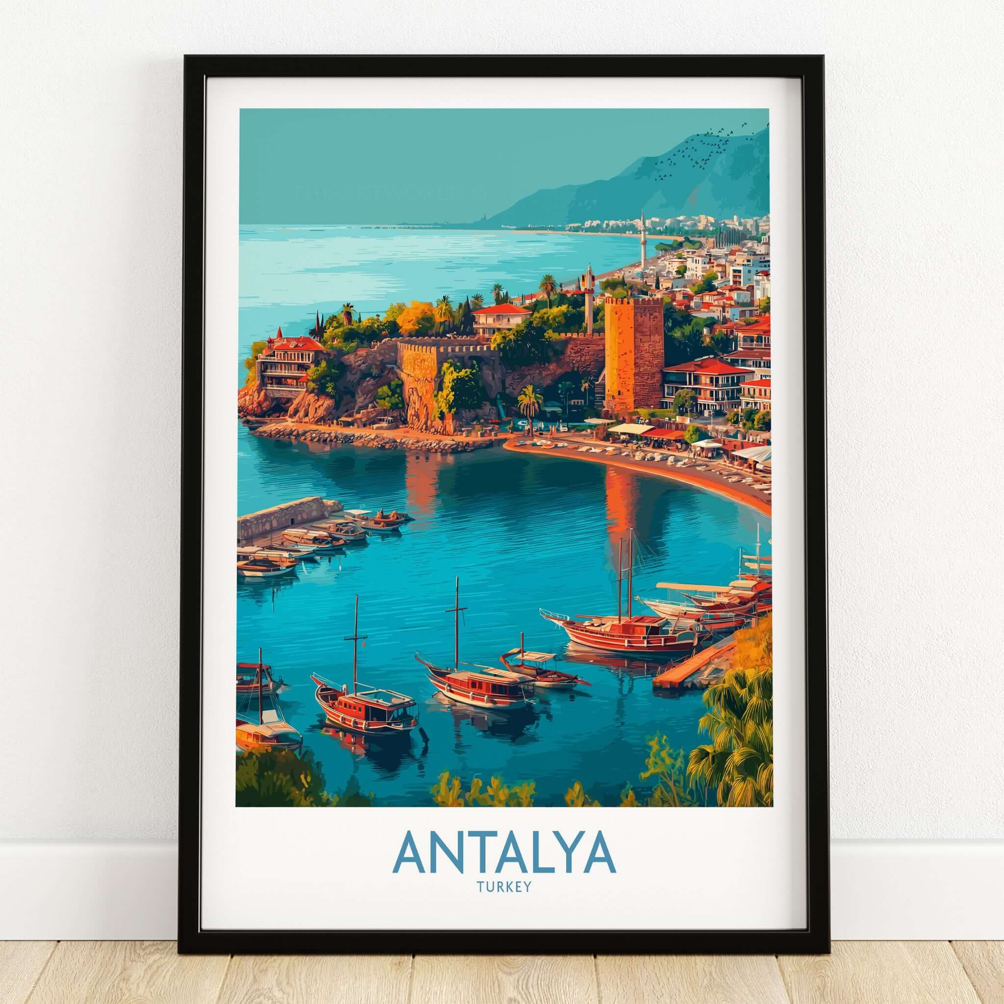 Antalya Turkey Kaleci Port Art Print | Historic Red Tower Poster showcasing a vibrant coastal view with boats and historic architecture.