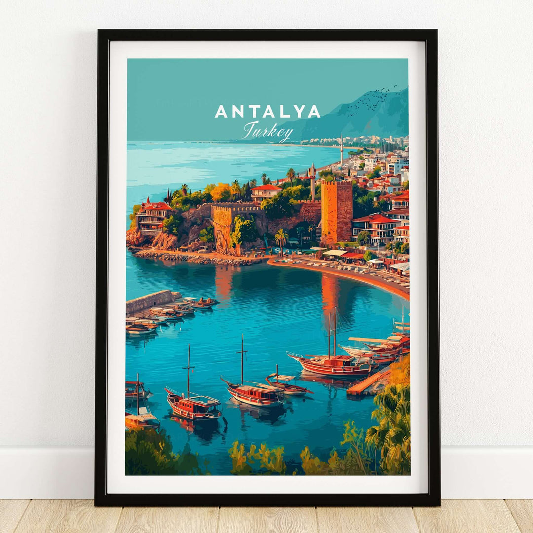 Antalya Canvas Print | Turkish Beach Wall Art showcasing a vibrant coastal view of Antalya, Turkey with boats and lush greenery.