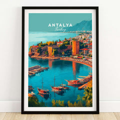 Antalya Canvas Print | Turkish Beach Wall Art showcasing a vibrant coastal view of Antalya, Turkey with boats and lush greenery.