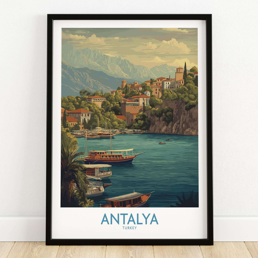 Antalya Turkey Harbour Cliff Art Print | Taurus Mountains View Poster showcasing a picturesque harbour scene.