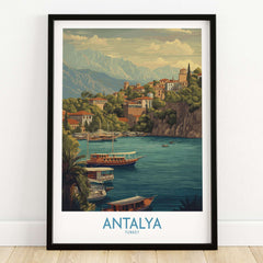 Antalya Turkey Harbour Cliff Art Print | Taurus Mountains View Poster showcasing a picturesque harbour scene.