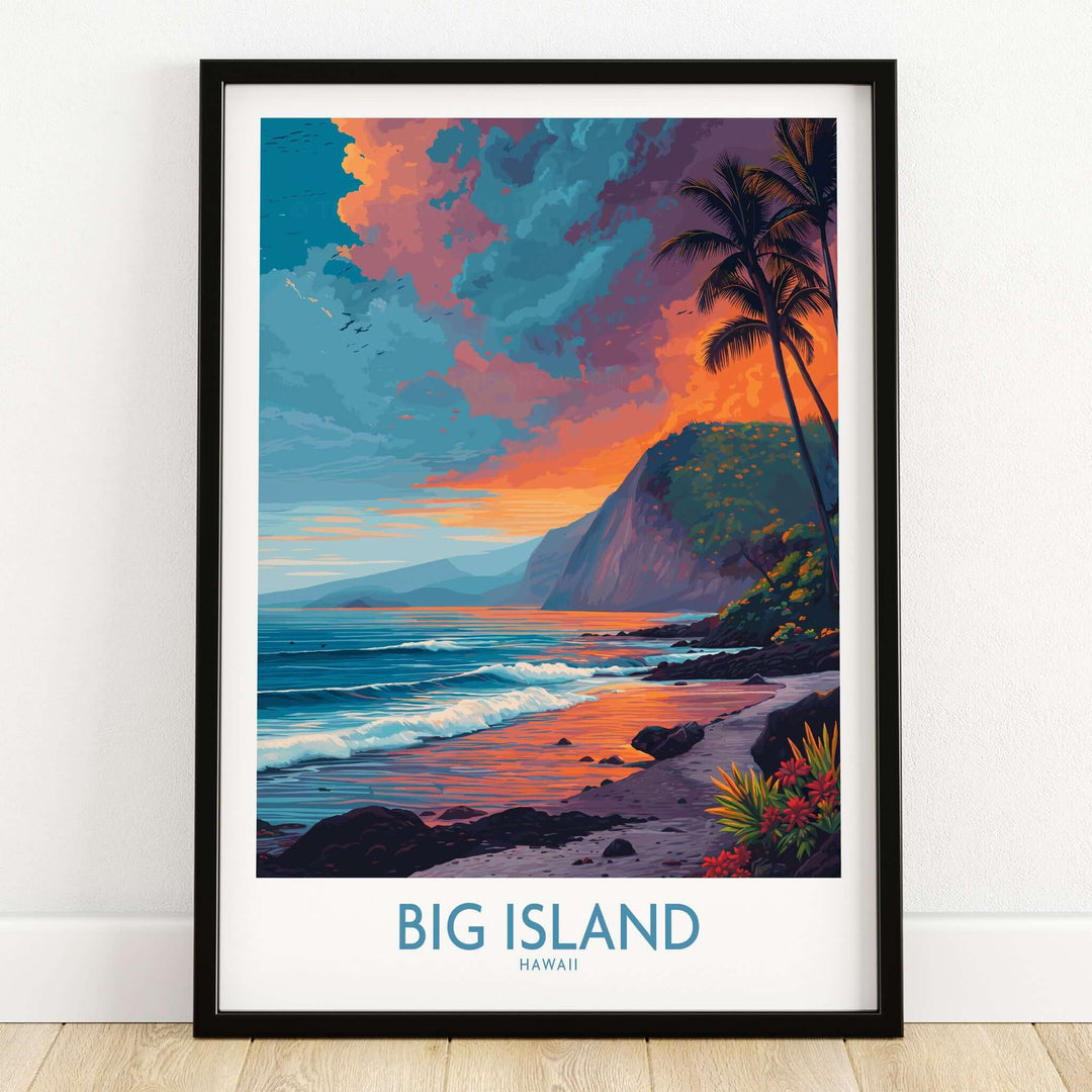 Big Island Hawaii Sunset Beach Art Print | Tropical Palm Tree Poster showcasing vivid sunset colors and serene beach scenery.