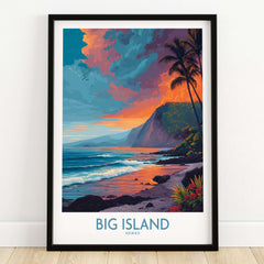 Big Island Hawaii Sunset Beach Art Print | Tropical Palm Tree Poster showcasing vivid sunset colors and serene beach scenery.