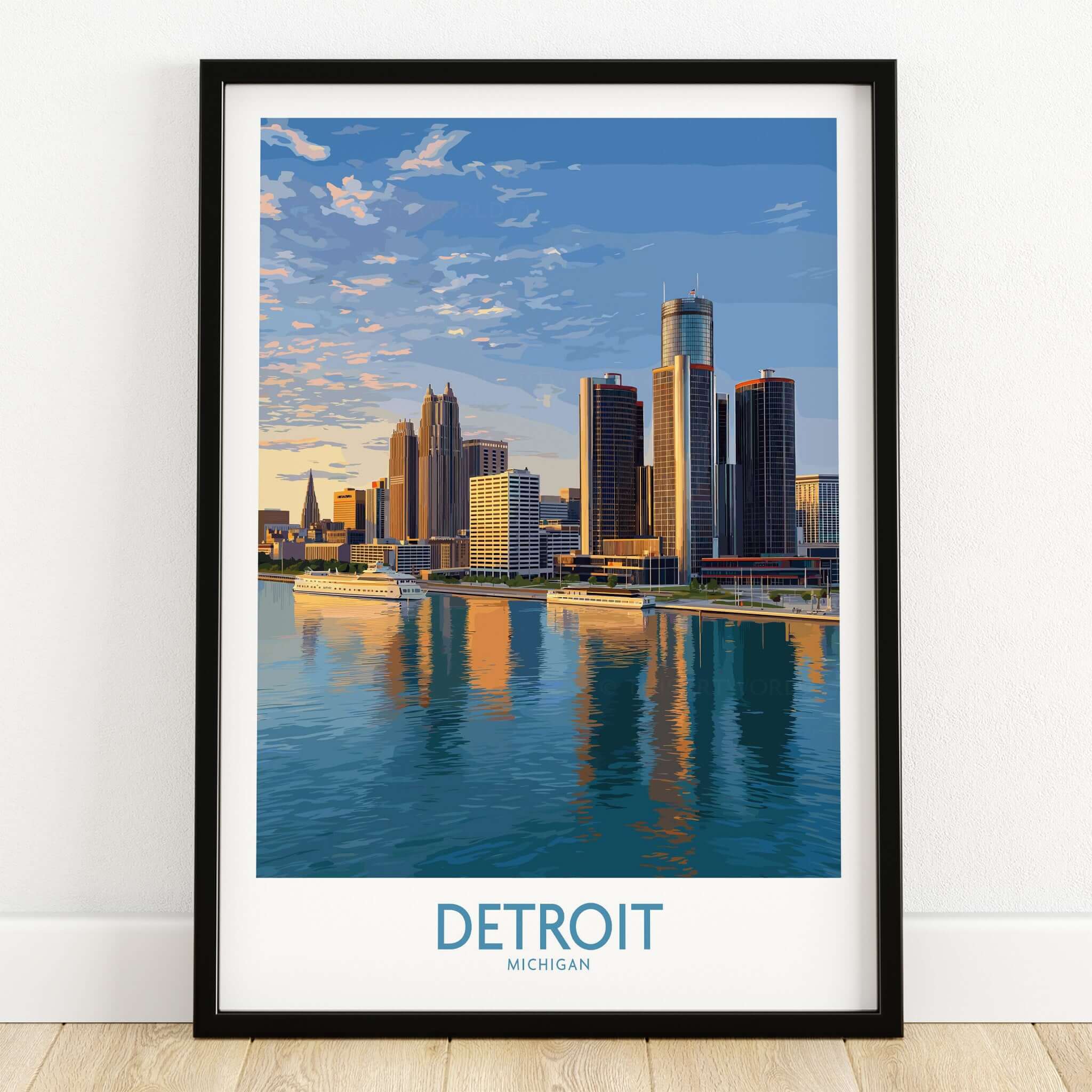 Detroit Michigan City Skyline Art Print | Renaissance Center Poster showcasing Detroit's skyline and river reflection.