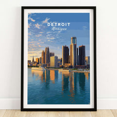 Detroit Riverfront Sunset View Print | Modern US City Wall Decor showcasing the vibrant skyline of Detroit, Michigan.