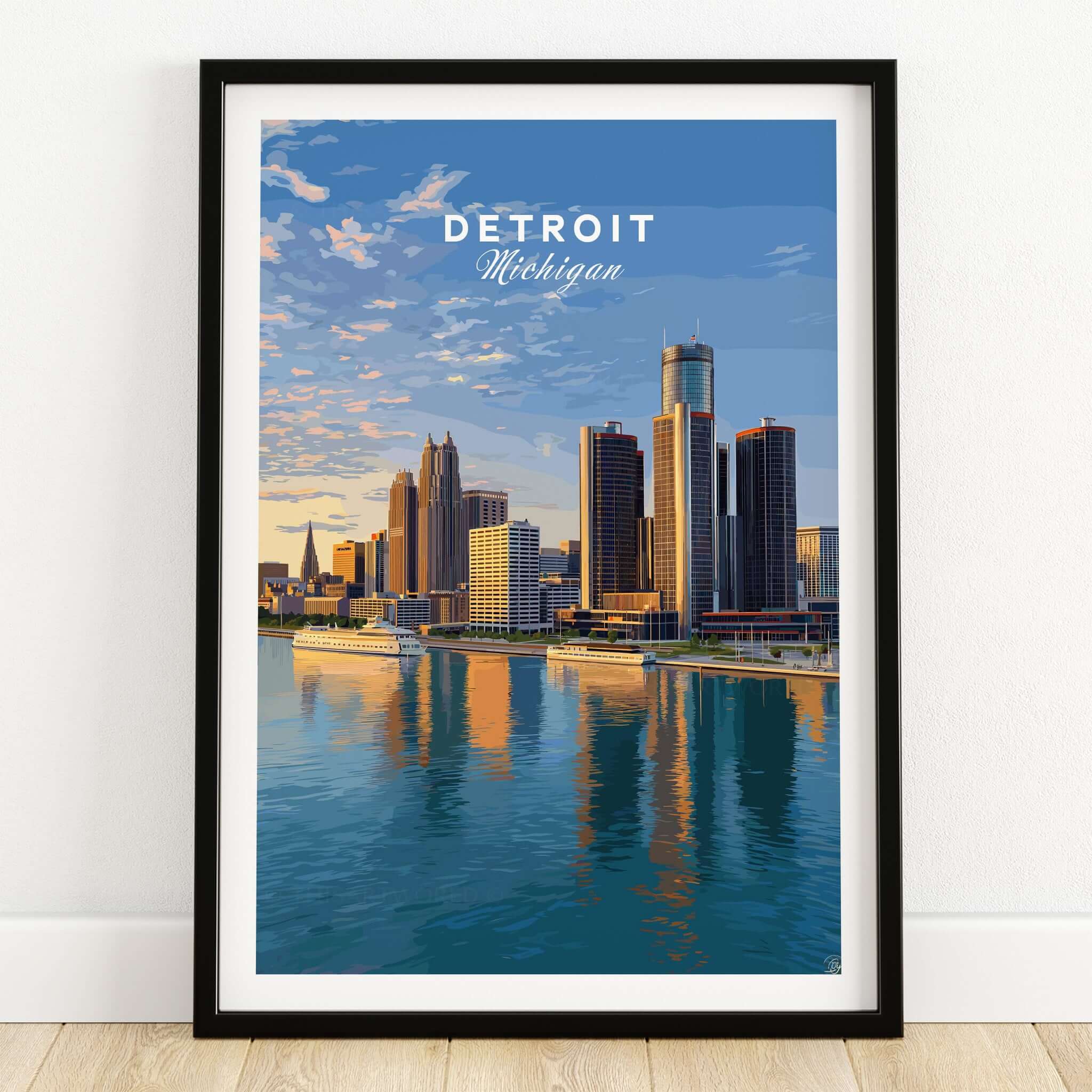 Detroit Riverfront Sunset View Print | Modern US City Wall Decor showcasing the vibrant skyline of Detroit, Michigan.