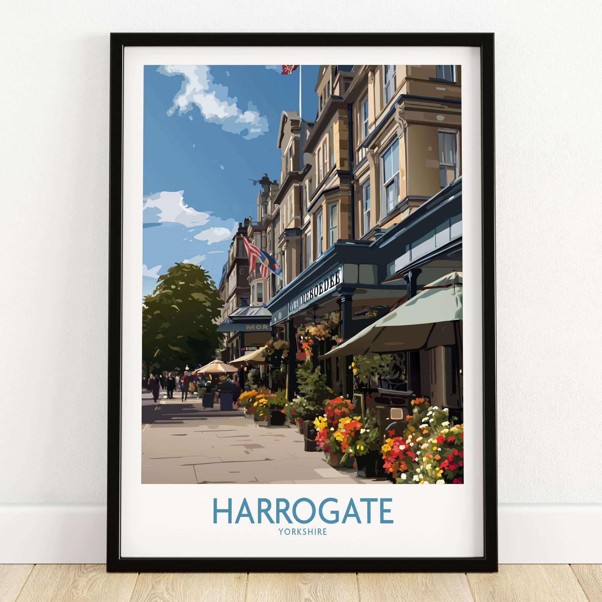 Harrogate Yorkshire Art Print | Floral Cafe Scene Poster showcasing a vibrant floral cafe in a charming street scene.