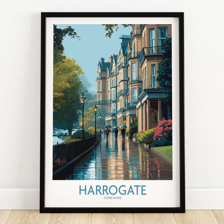 Harrogate Yorkshire Victorian Terrace Art Print | Rainy Street Poster with elegant Victorian buildings and rainy street scene.