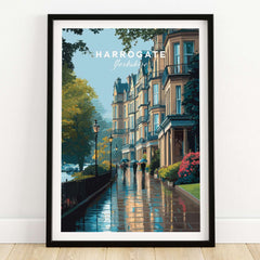 Harrogate Classic British Town Scene Print | English Architecture Wall Art showcasing rain-soaked streets and elegant buildings.