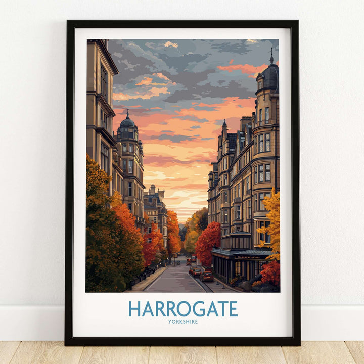 Harrogate Yorkshire Autumn Street Art Print | Sunset Avenue Poster showcasing a sunset avenue in autumn colors.