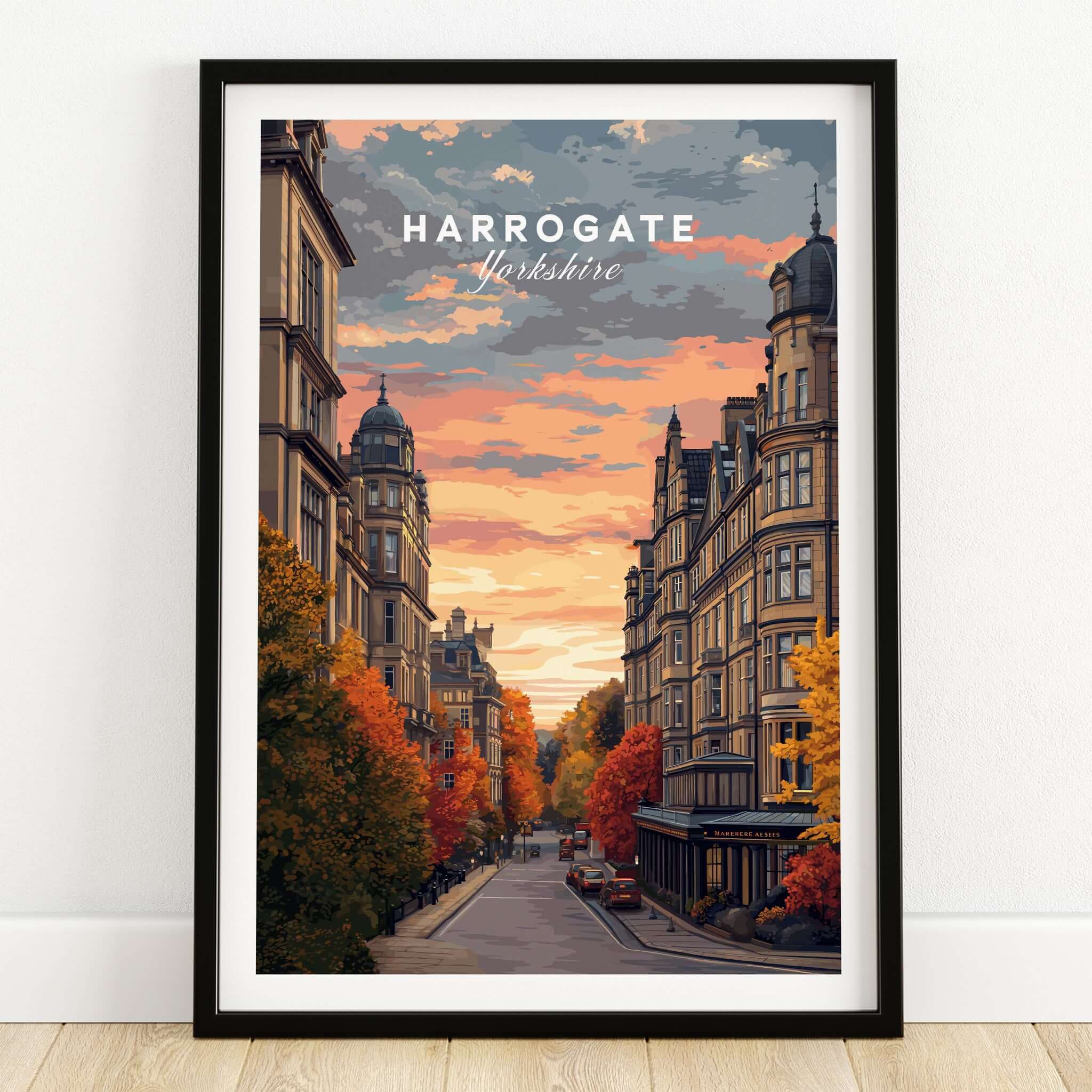 Harrogate Print | English Travel Wall Decor featuring a picturesque street in Yorkshire at sunset.