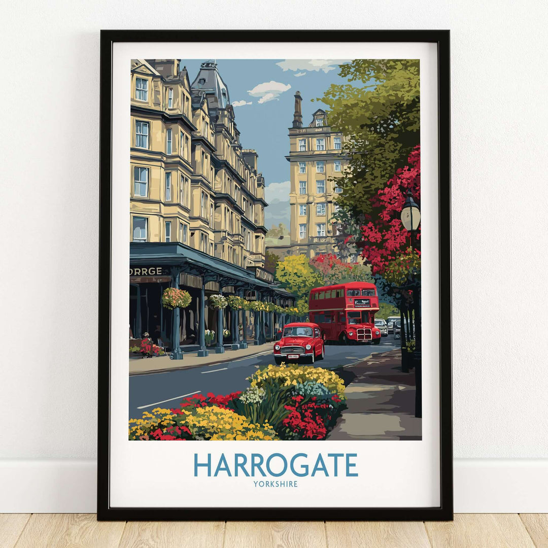 Harrogate Yorkshire Print | Floral Street Scene Poster showcasing vibrant flowers and a red bus in a charming street.