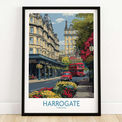 Harrogate Yorkshire Print | Floral Street Scene Poster showcasing vibrant flowers and a red bus in a charming street.