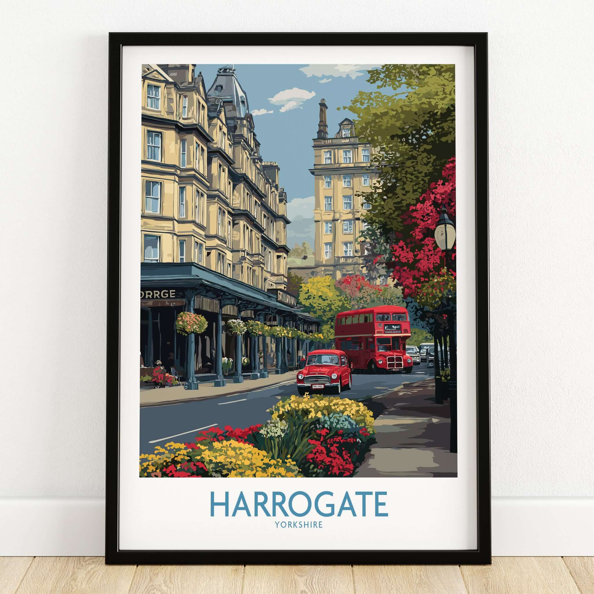 Harrogate Yorkshire Print | Floral Street Scene Poster showcasing vibrant flowers and a red bus in a charming street.
