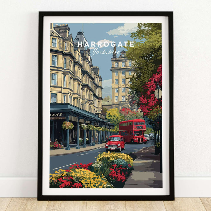 Harrogate Print | English City Wall Decor featuring a street scene with flowers and iconic red double-decker bus.