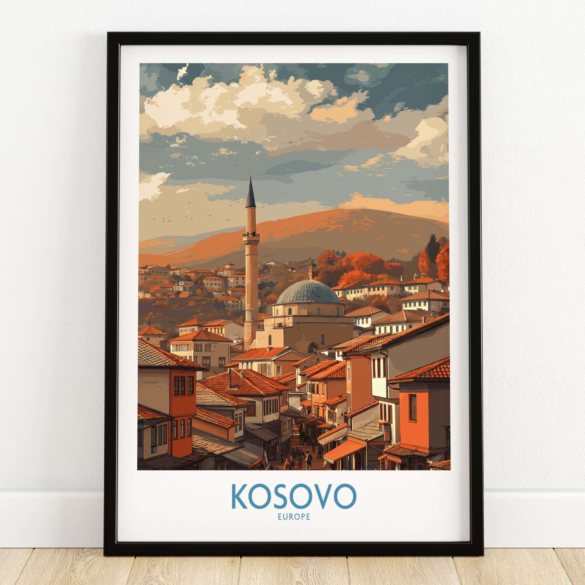 Kosovo Prizren Old Town Art Print | Historic Mosque View Poster featuring a picturesque view of Prizren's skyline.