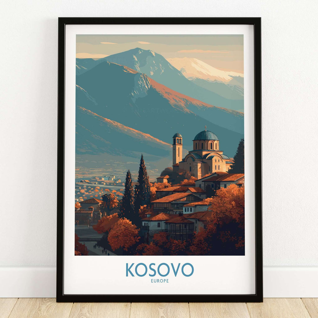 Kosovo Monastery and Mountains Art Print | Autumn Balkan Landscape Poster framed art featuring a scenic view of Kosovo.