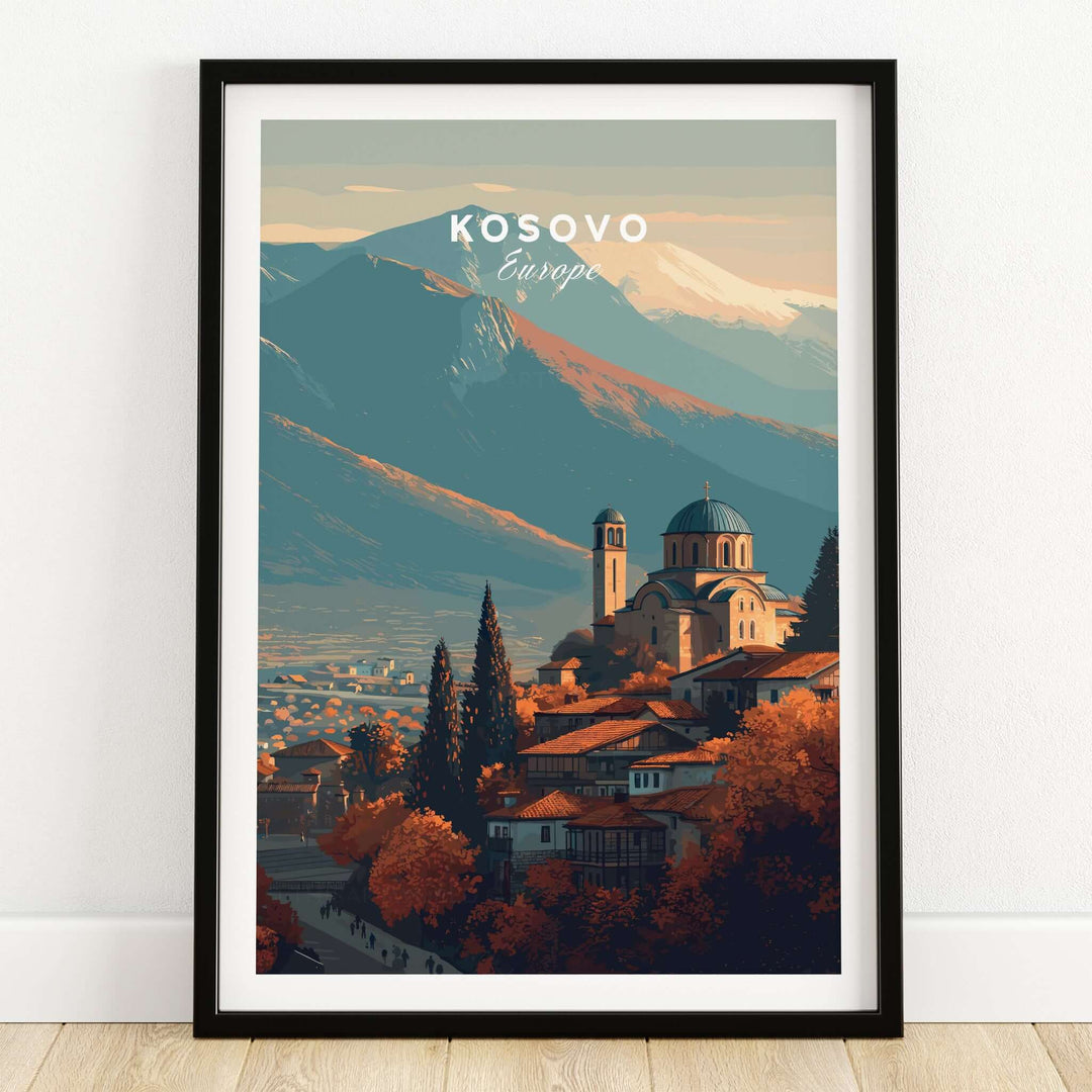 Kosovo Historic Church Hill View Canvas Print | European Wall Decor showcasing a scenic church against mountainous backdrop.