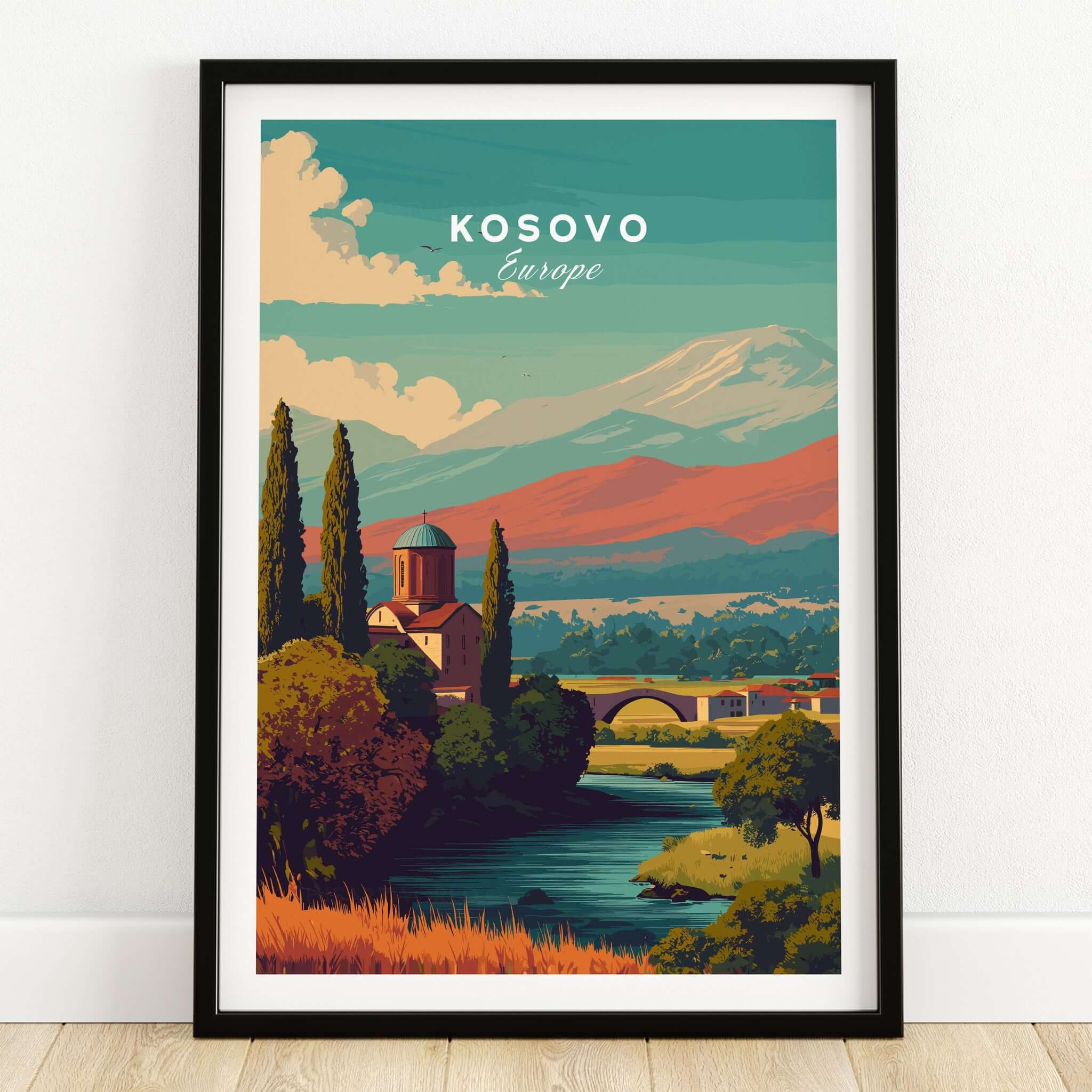 Kosovo Peja Canvas Print | European Travel Wall Art showcasing a scenic landscape of Kosovo with mountains and traditional architecture.