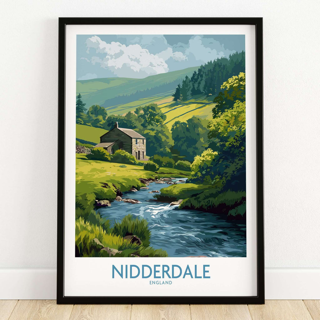 Nidderdale England Riverside Cottage Art Print | Yorkshire Valley Poster featuring a charming riverside landscape.