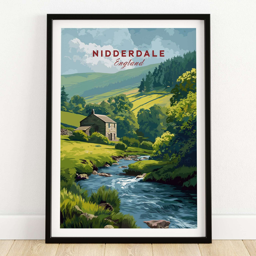 Nidderdale Stone Farmhouse and Stream Canvas Print | English Country Wall Decor featuring a beautiful landscape.
